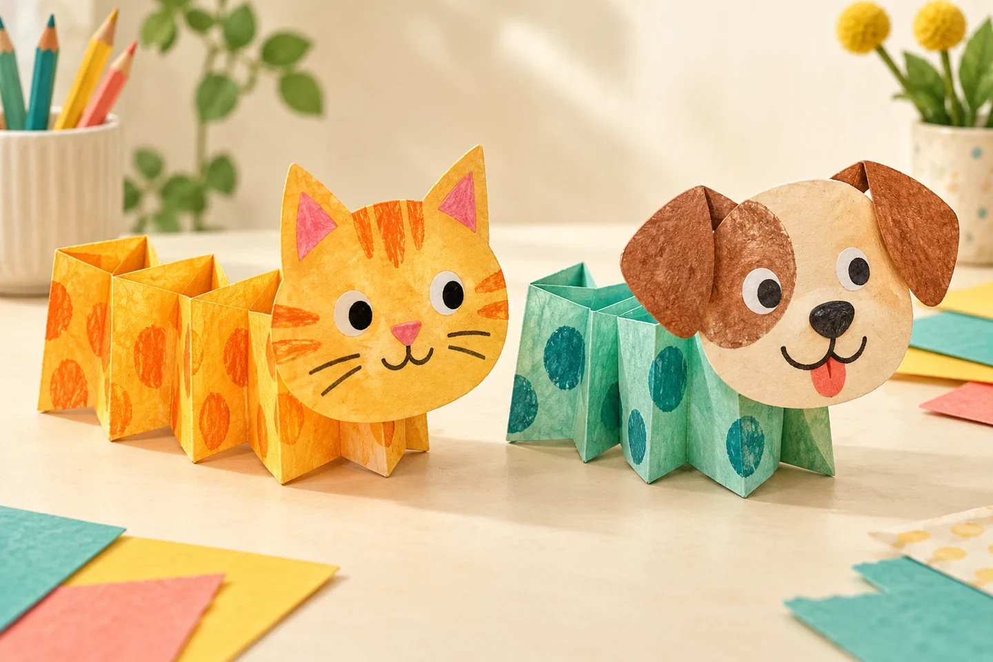Illustrated example for Accordion Paper Animals: Fold a Low Zigzag Body and Add a Character