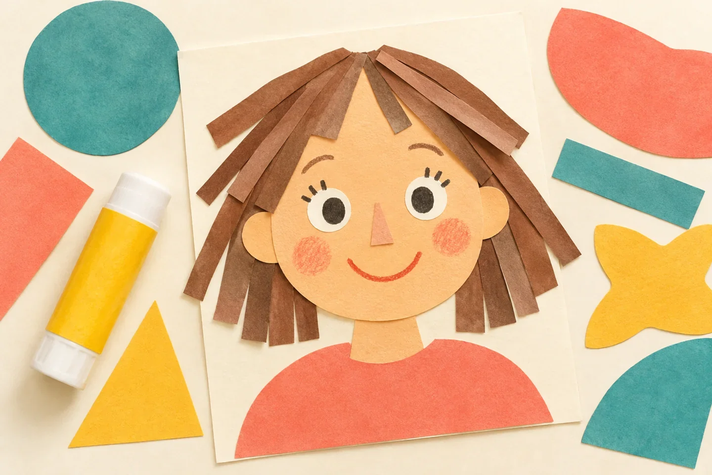 Illustrated example for Cut-Paper Self-Portrait: Build a Face With Large Shapes and Drawn Details