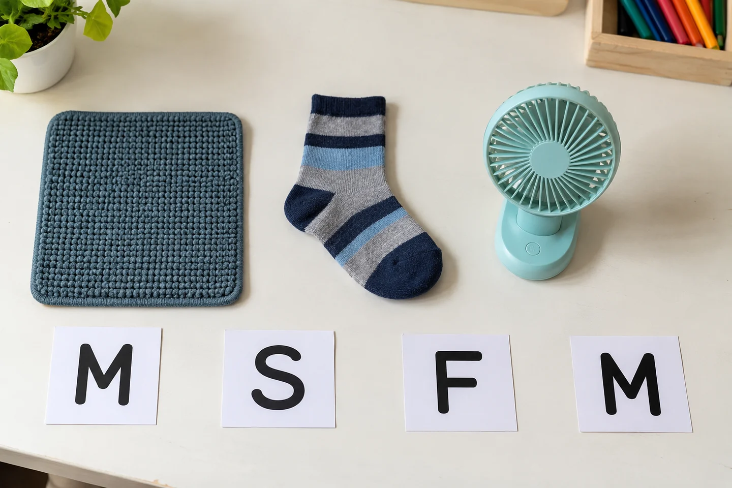 Letter cards and familiar objects for matching and beginning-sound games.