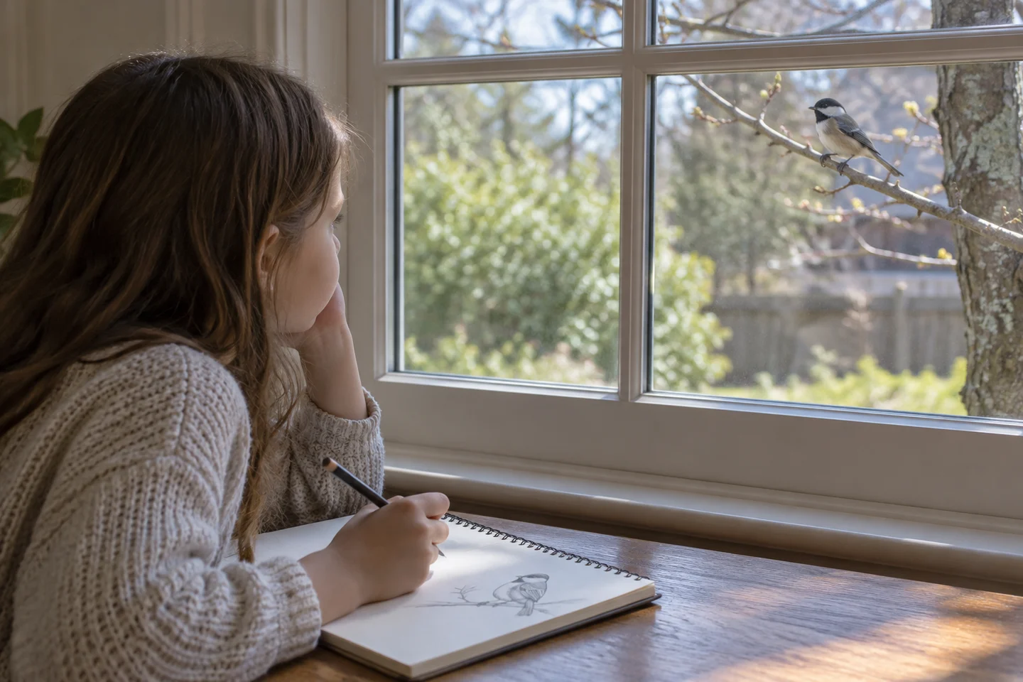 A child watching a distant bird through a window with a journal nearby.