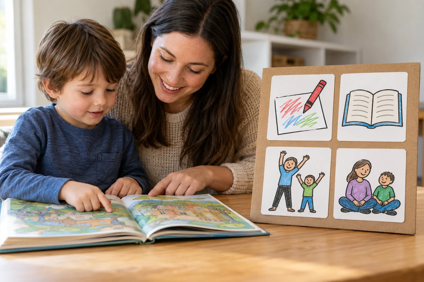 Respond to a selected activity, such as looking at a book together.