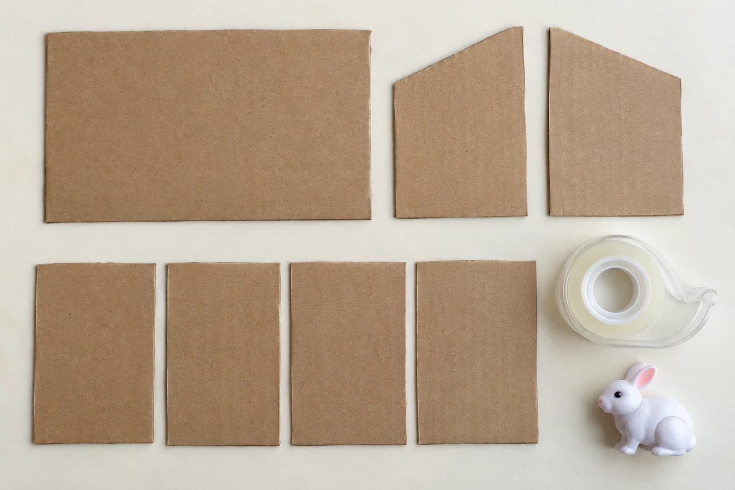 Cardboard pieces, tape and a small toy animal for the shelter challenge.