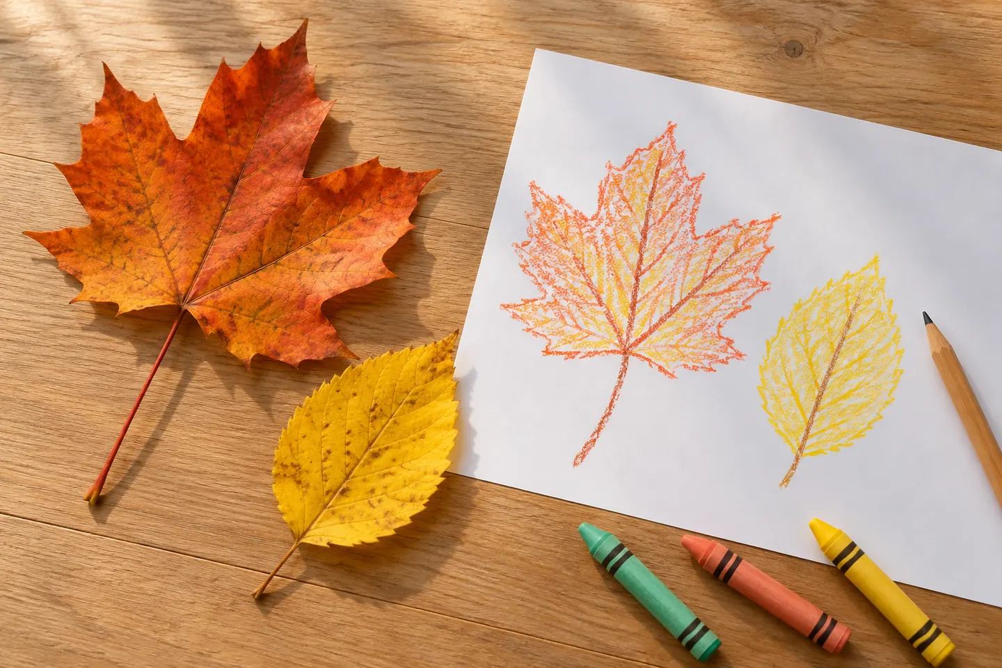 Two autumn leaves beside crayon leaf drawings and drawing tools.