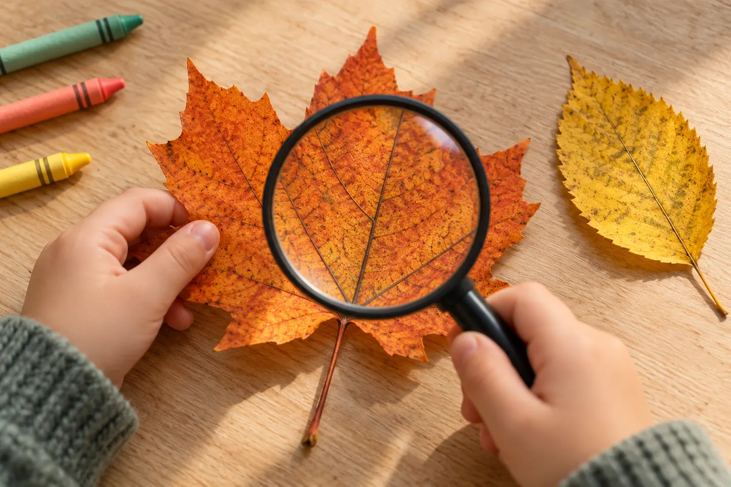 Hands inspect an orange lobed leaf with a magnifying glass beside a yellow leaf.