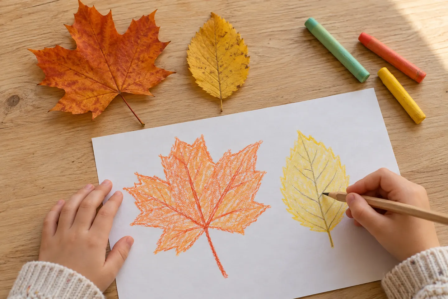 Child hands draw leaf outlines and veins with the two real leaves beside the page.