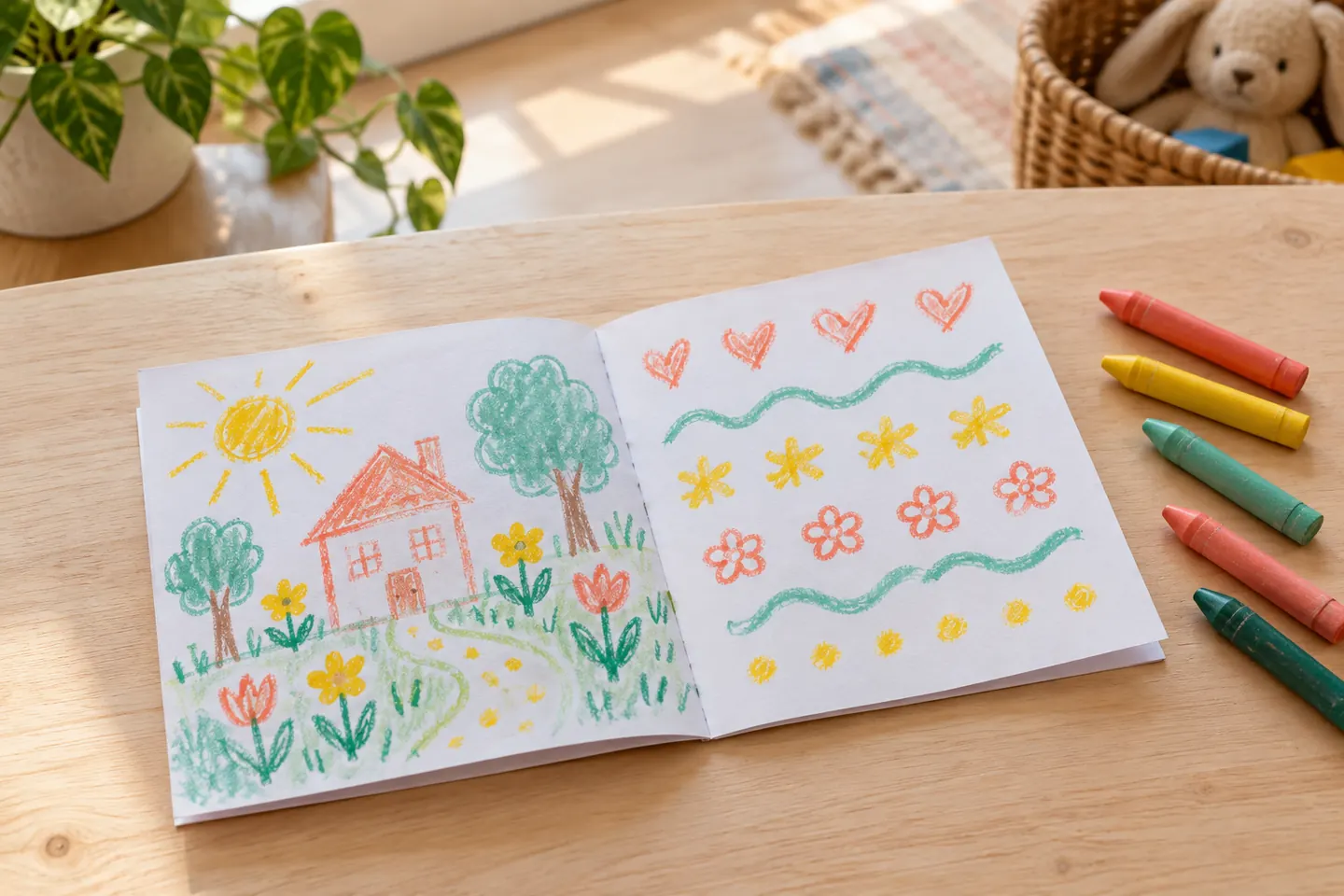 A small loose paper drawing book open to a colorful crayon garden and patterns.