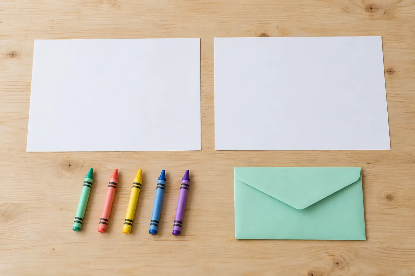 Two plain sheets, crayons and a folder ready for making a drawing book.