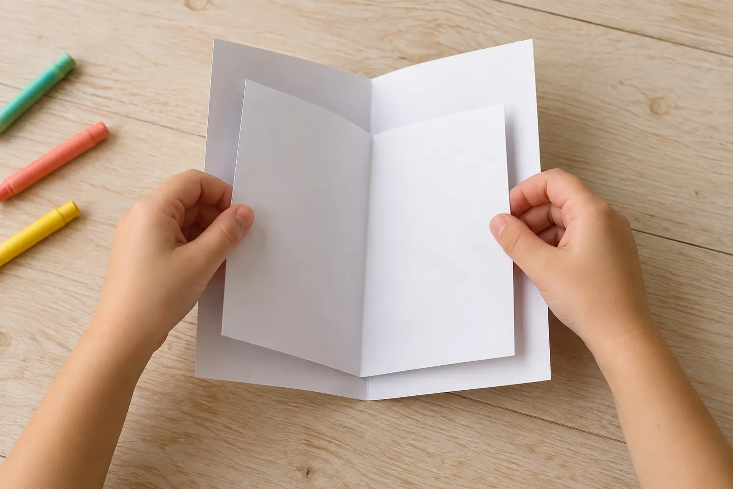 Two folded sheets being nested with their center folds aligned.
