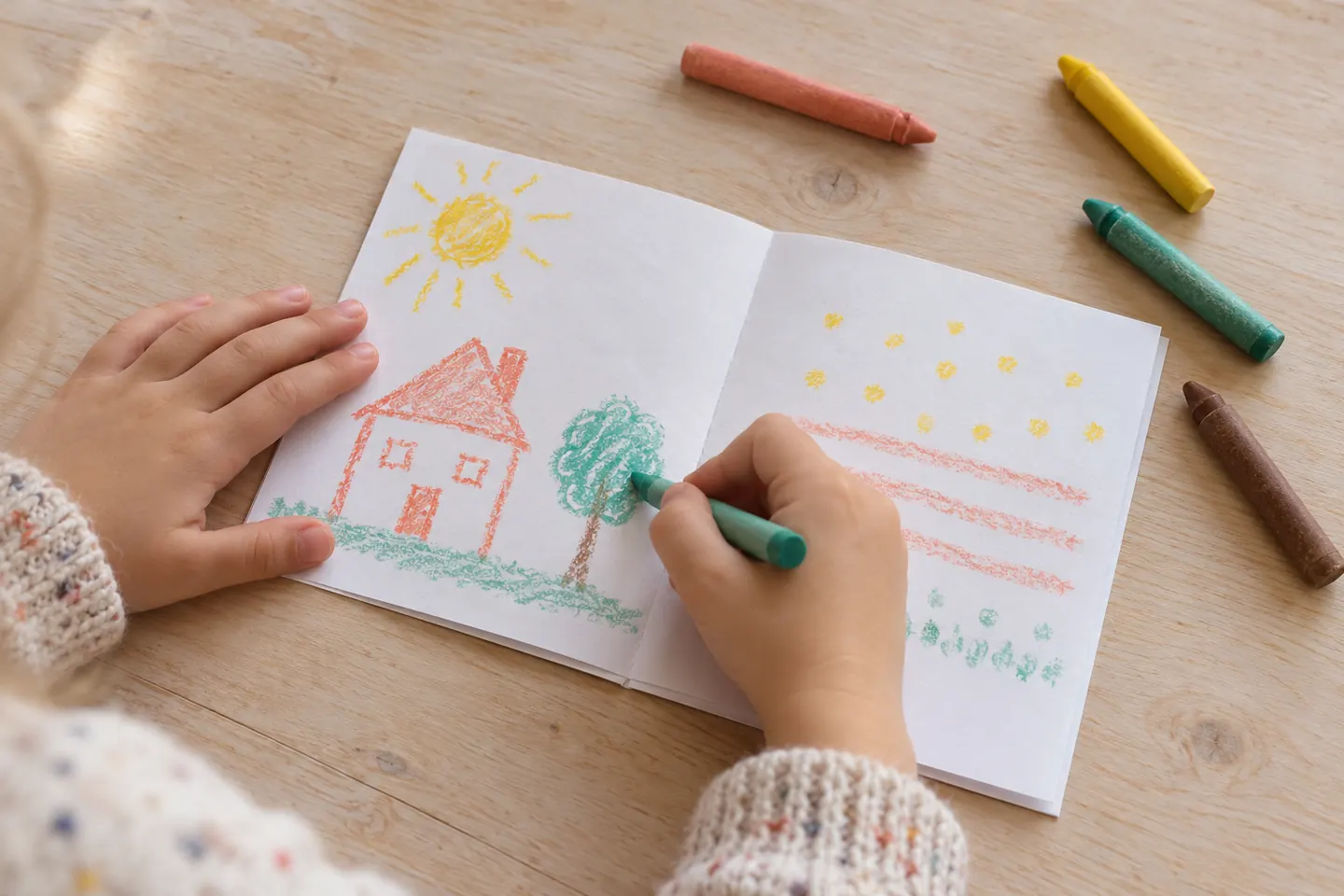A child adds crayon drawings to an open loose paper book.