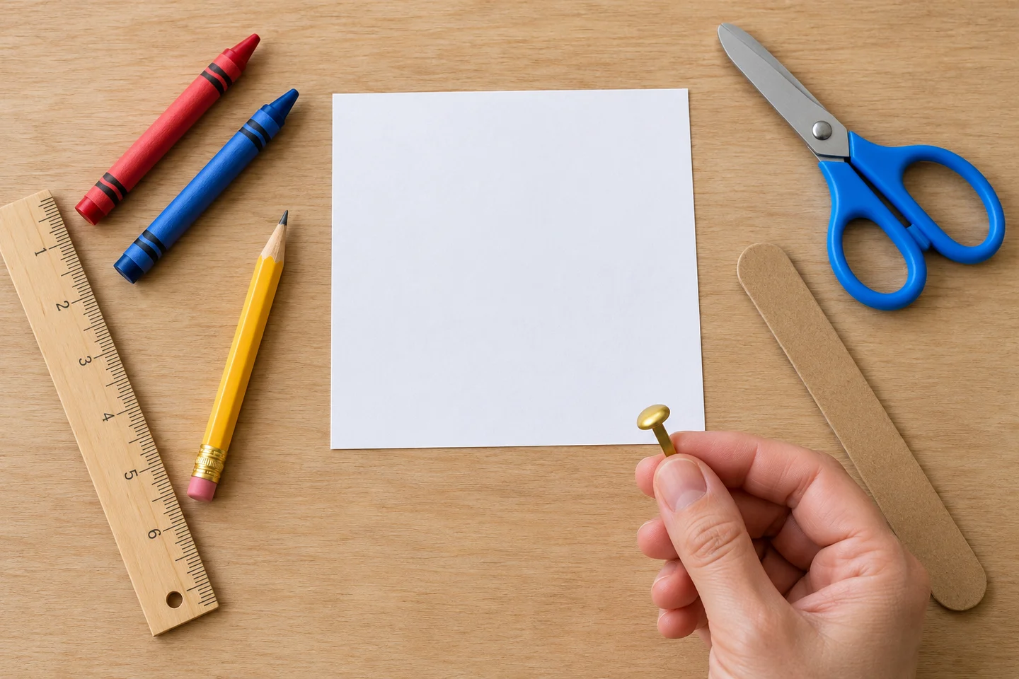 A paper square, crayons, ruler, scissors, cardboard handle and adult-handled blunt paper fastener.