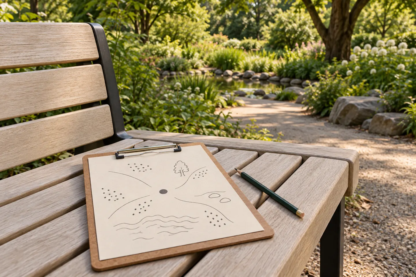 A simple sound map rests on a clipboard in a leafy outdoor setting.