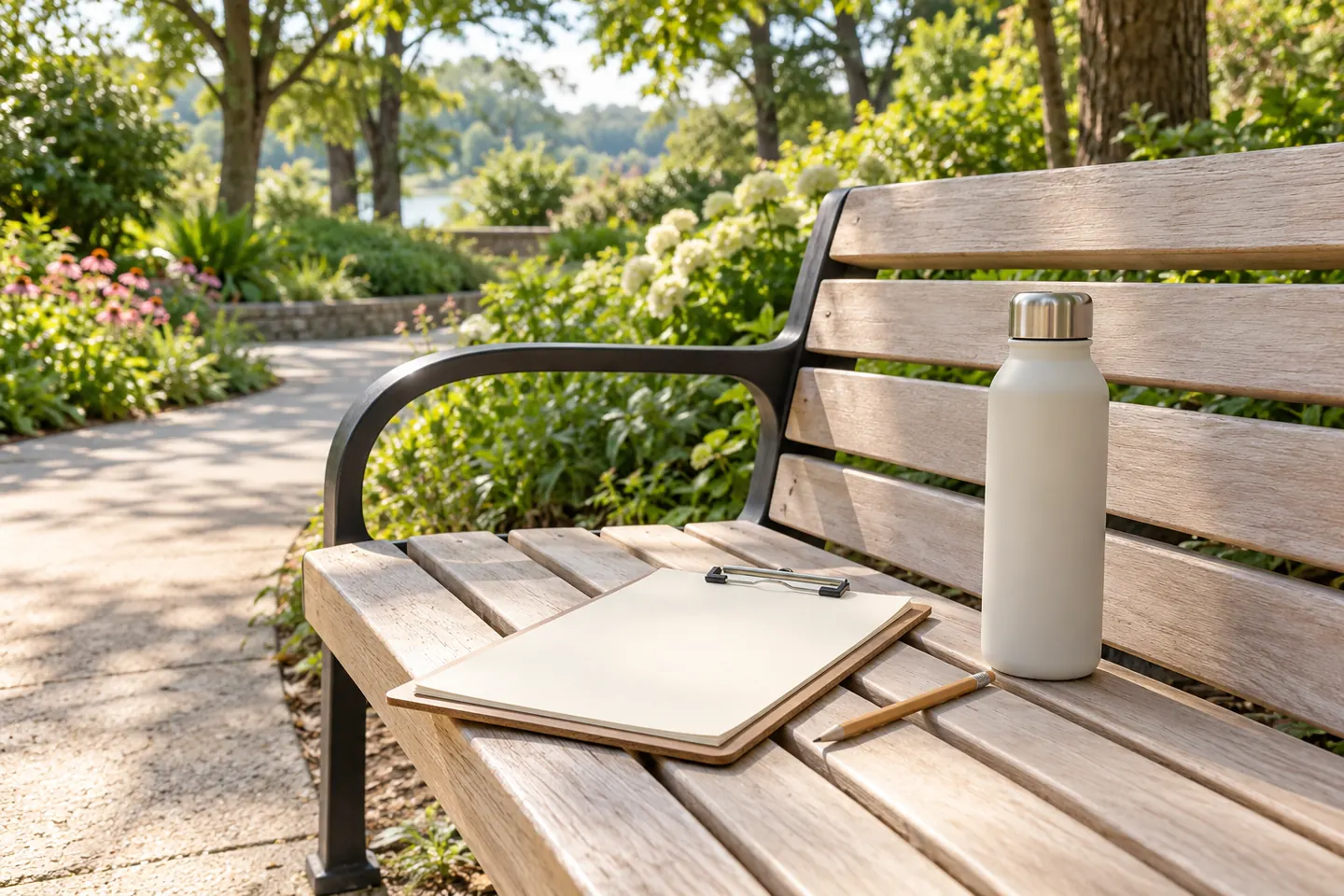 Paper, pencil, clipboard, and water bottle prepared for a listening walk.