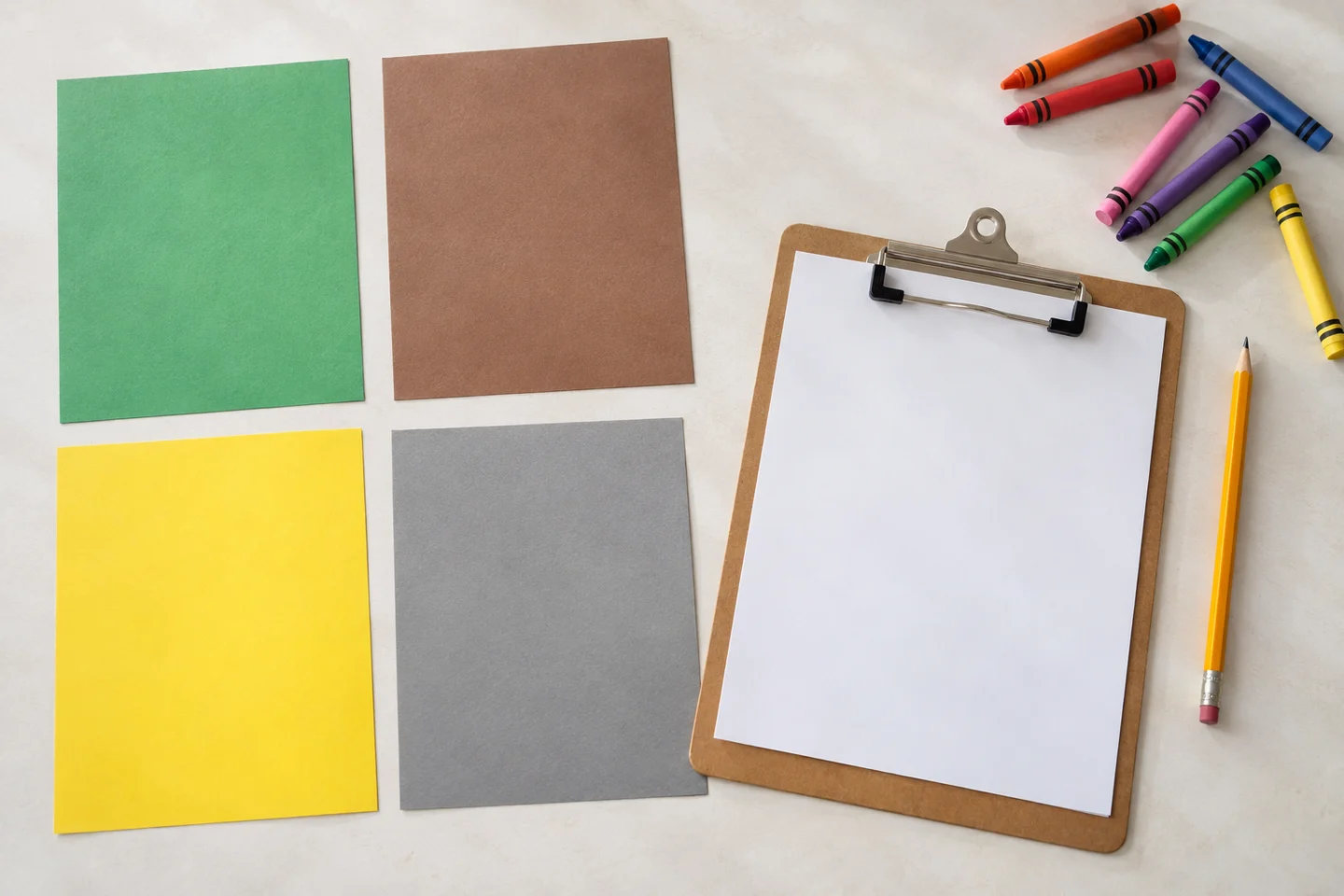 Paper color swatches, clipboard, recording paper and drawing supplies.