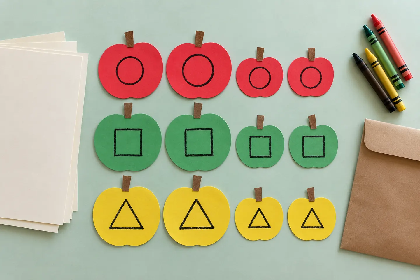 Twelve large and small paper apples, sorting sheets, crayons, and an envelope.