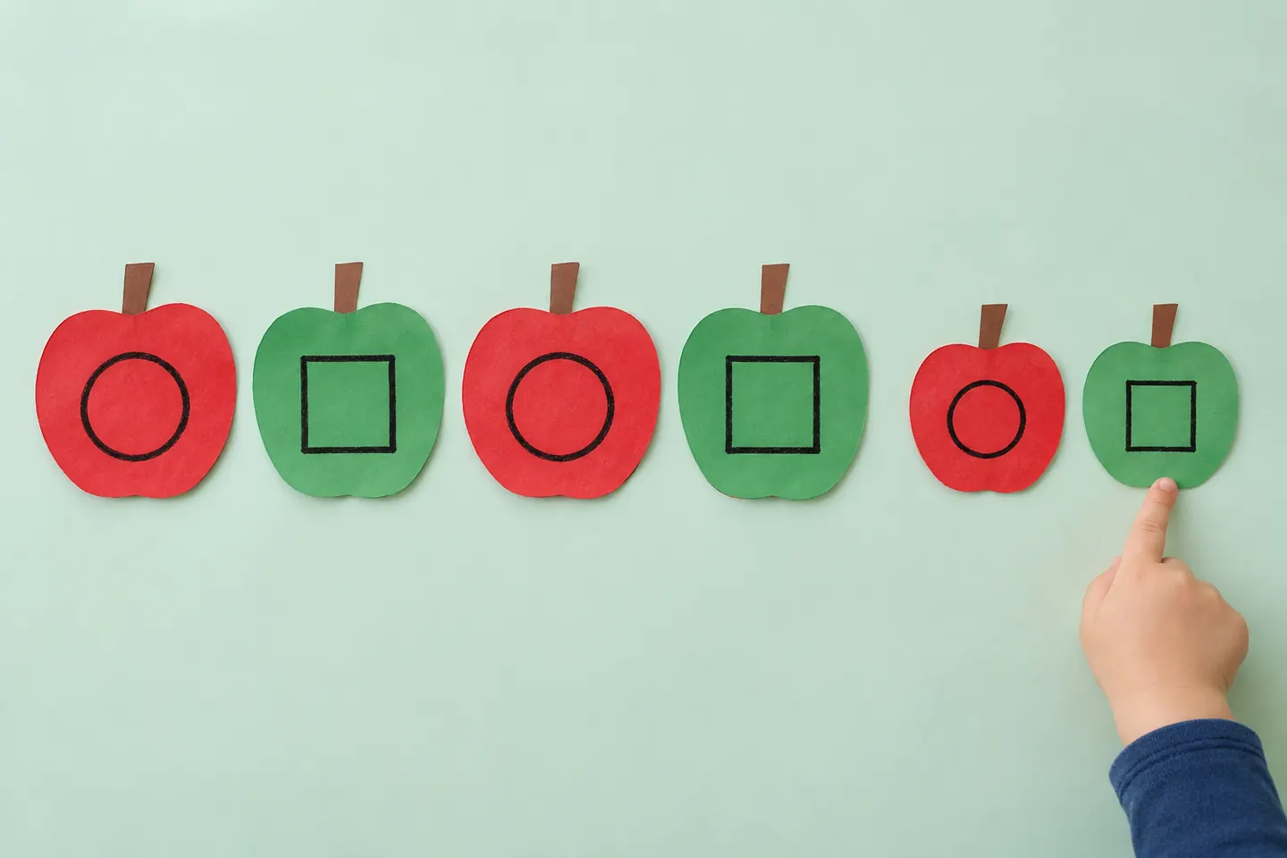 Six apples alternating red and green in a color pattern.