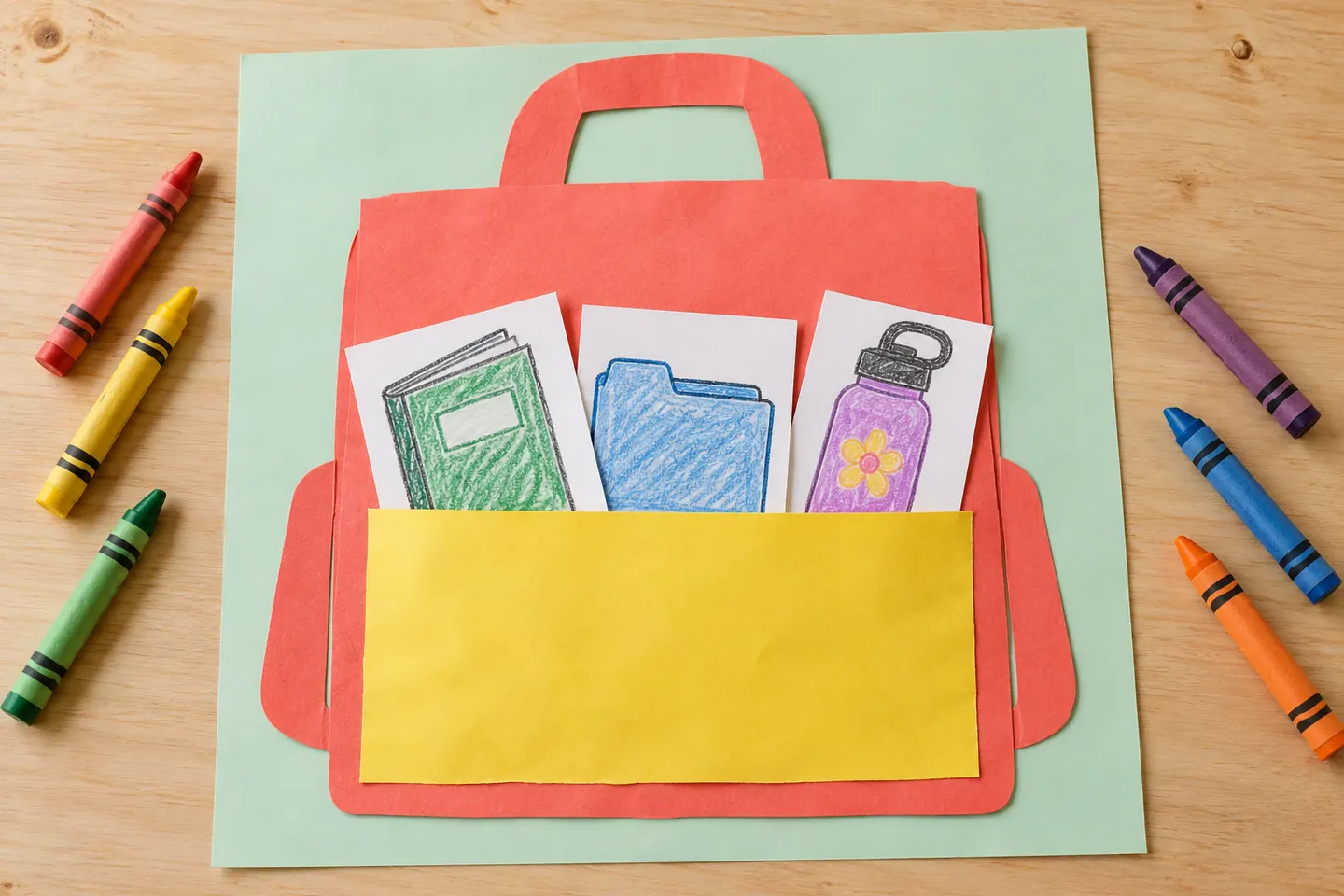 Flat paper backpack with an open yellow pocket and illustrated supply cards.