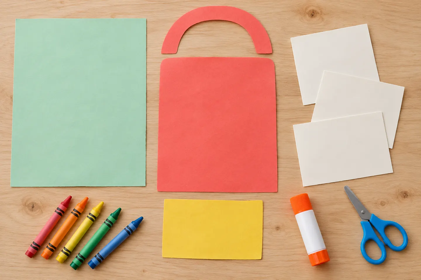 Paper pieces, crayons, glue, and scissors for a backpack collage.