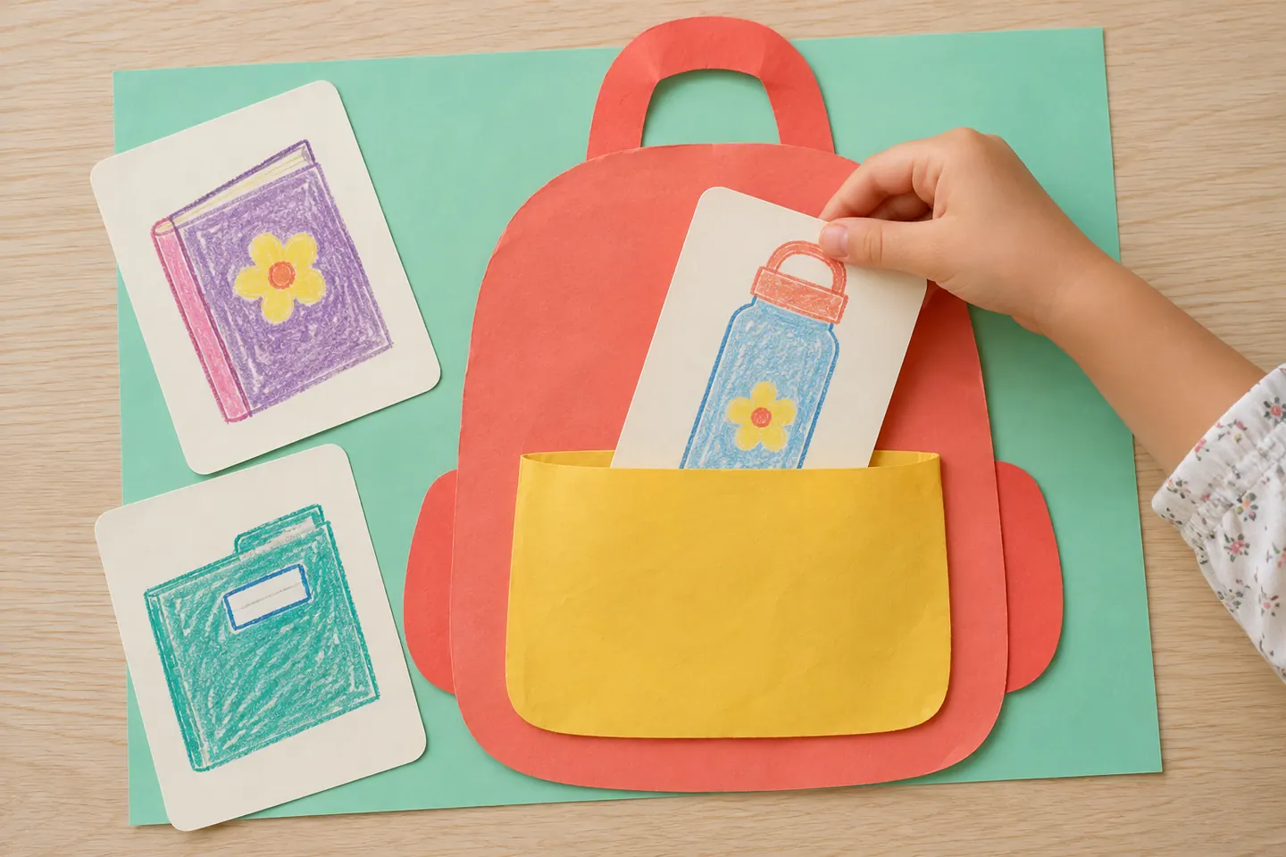 Sliding a large illustrated supply card into the paper pocket.