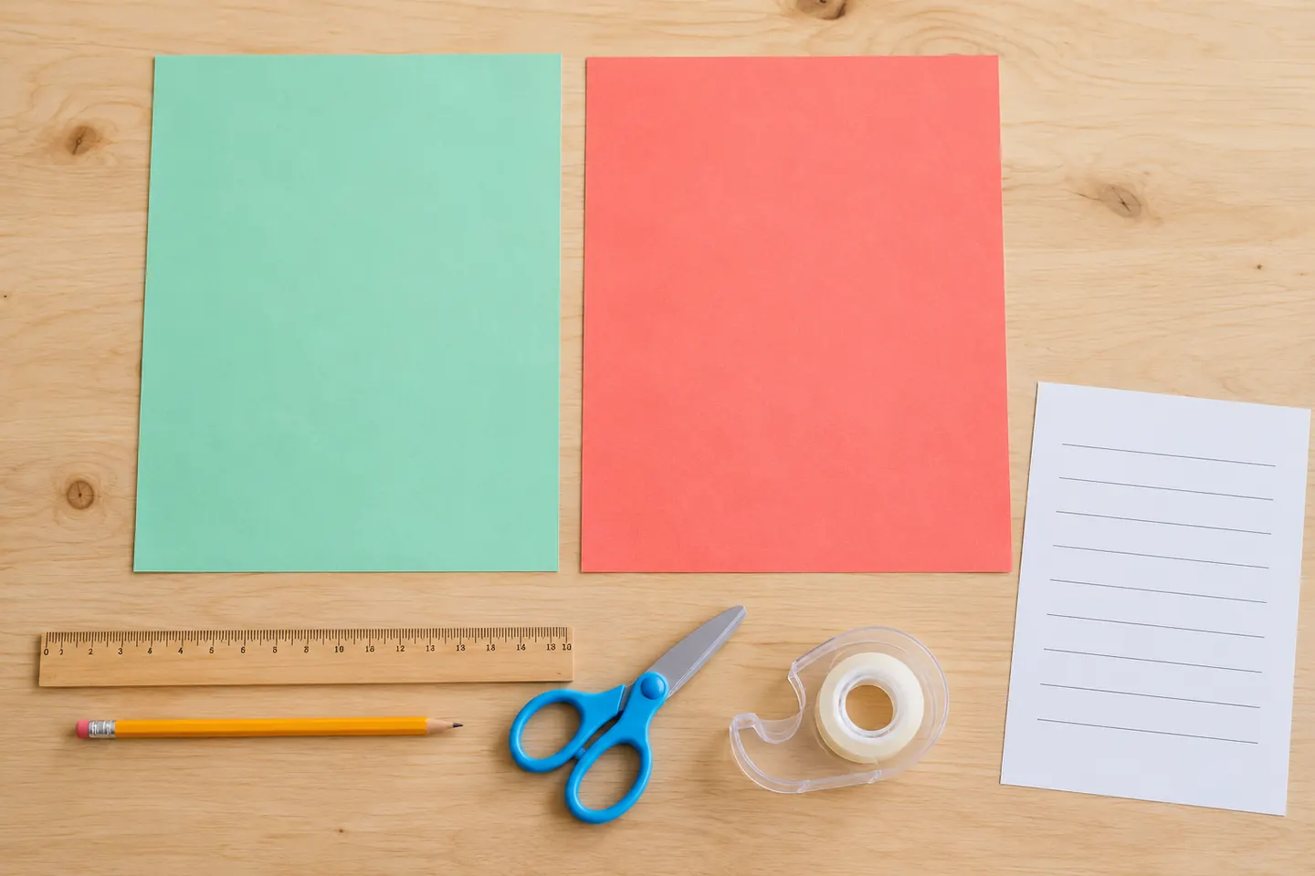 Equal paper sheets and tools for cutting, joining, and measuring.