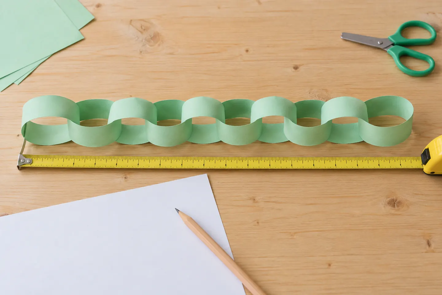 A relaxed paper chain laid beside a measuring tape.