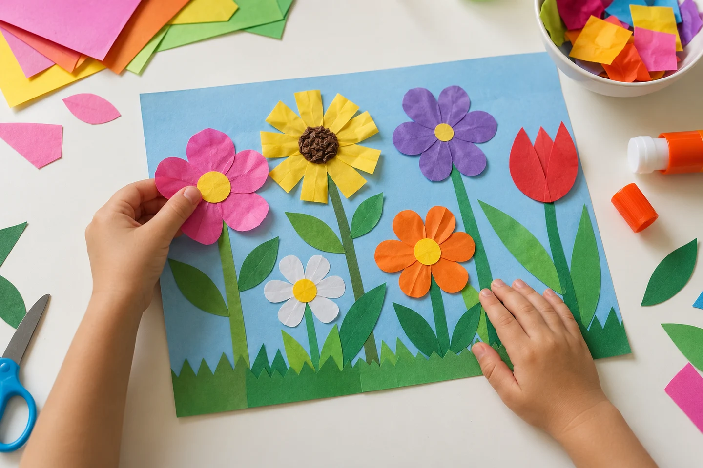 A colorful garden made from paper flowers, leaves and crayon details.