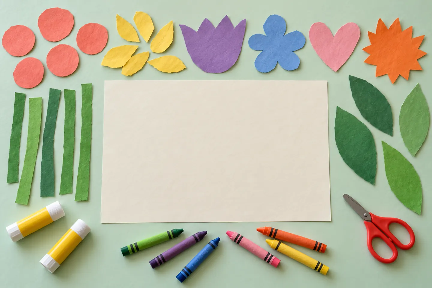 Paper, crayons, glue, and broad plant shapes ready for a garden collage.