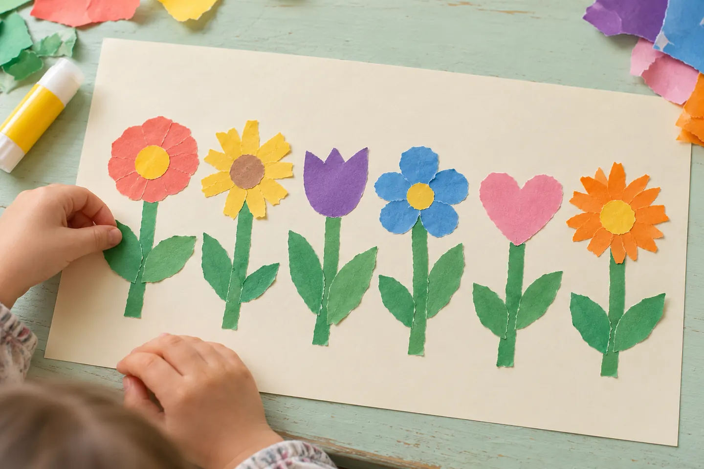A hand pressing a paper leaf into the finished shared garden.