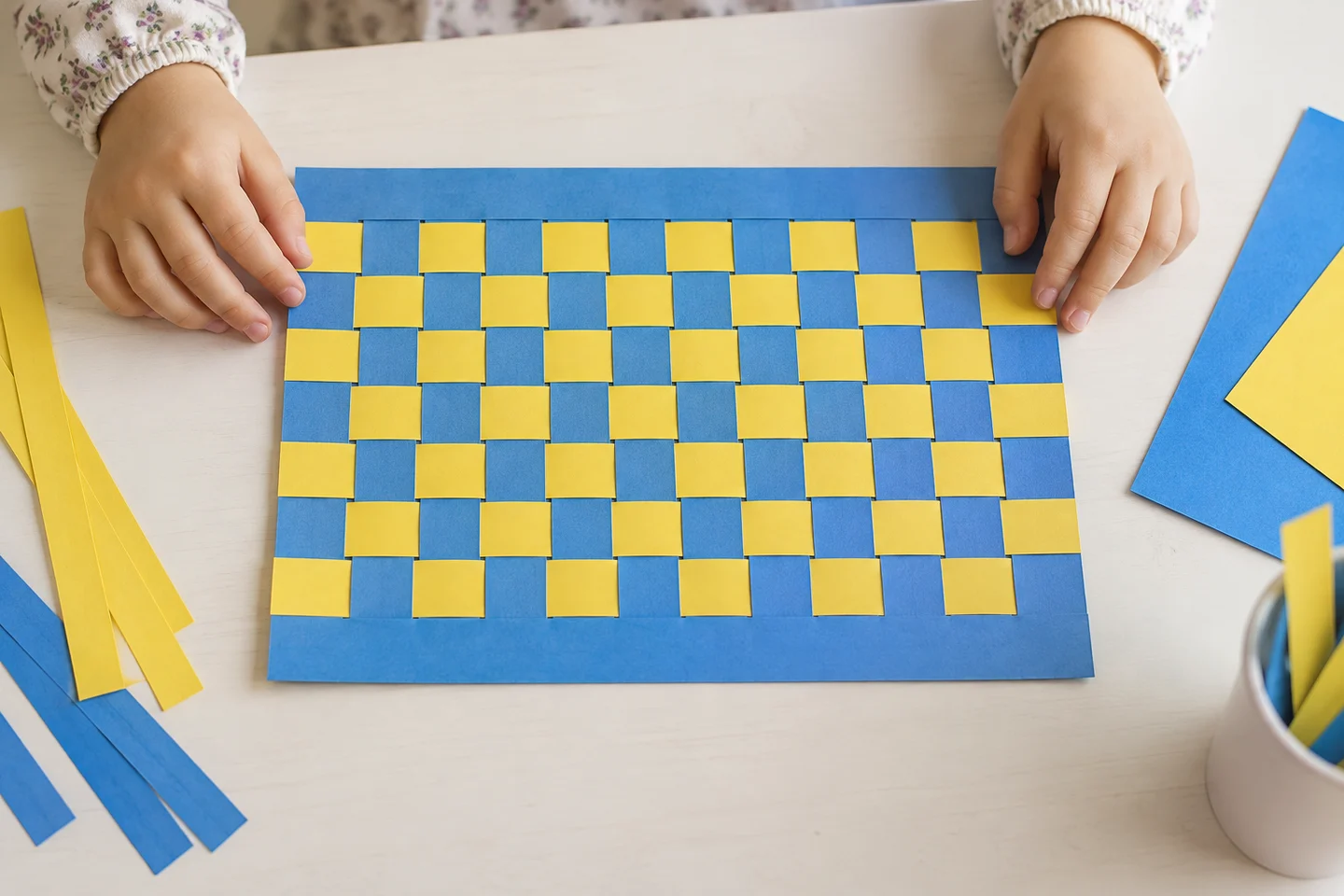 Two contrasting paper colors interlaced into a handmade weaving mat.