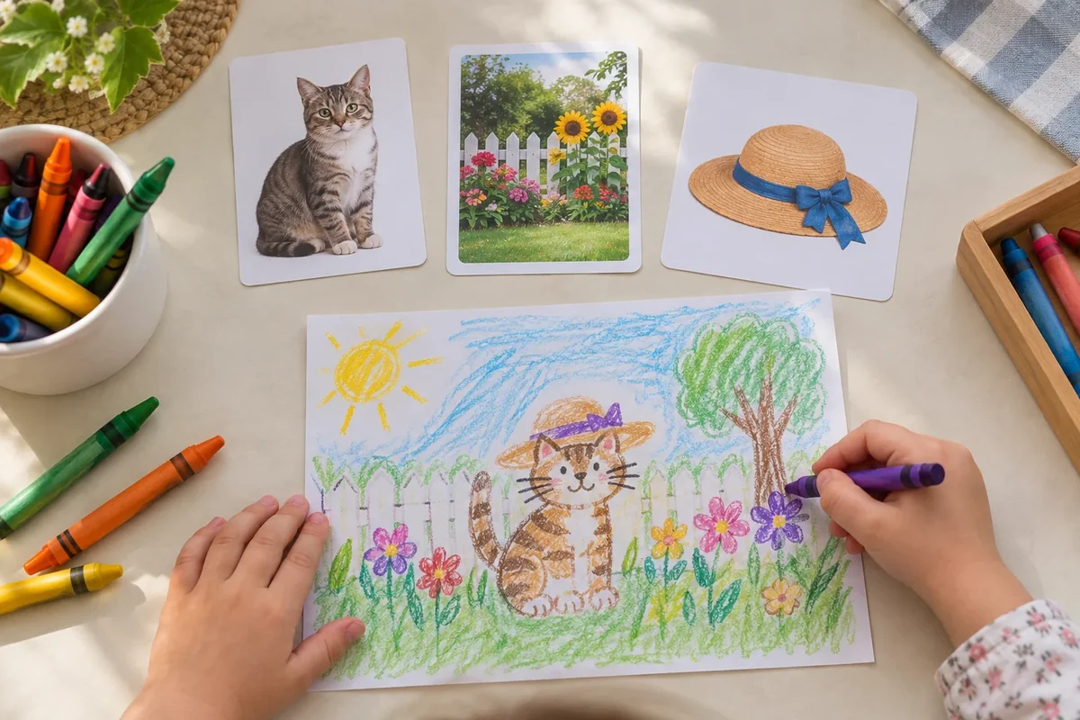 Character, setting and event picture cards beside a child-made story drawing.