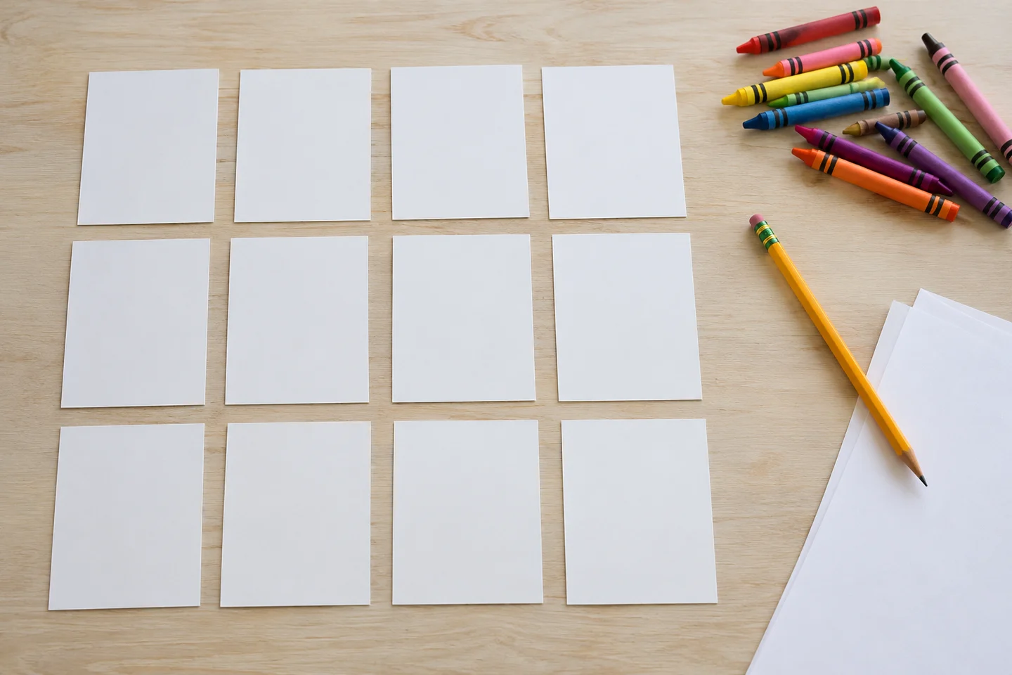 Blank picture cards, drawing paper, crayons and a pencil for making stories.