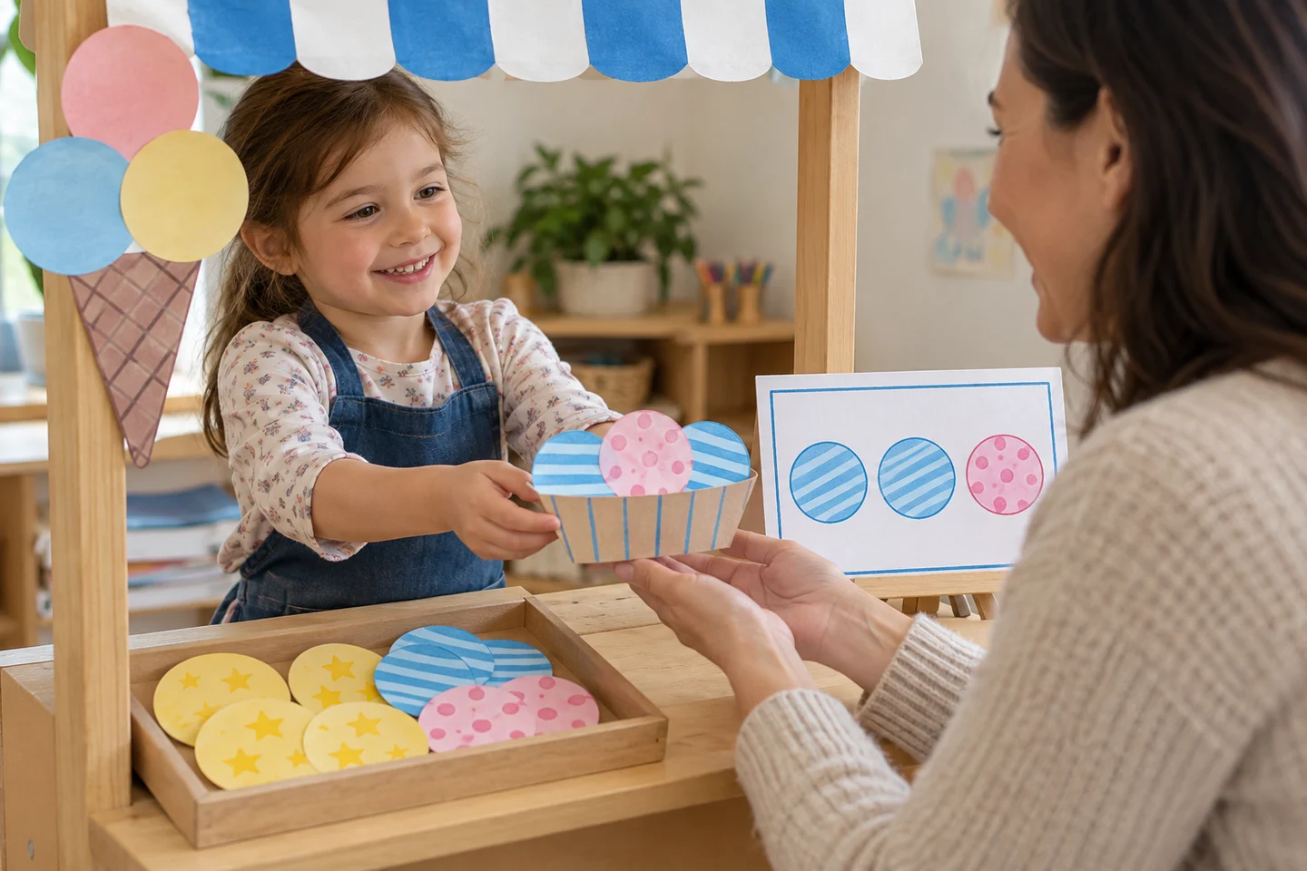 A pretend ice cream shop made from large paper scoops and picture order cards.