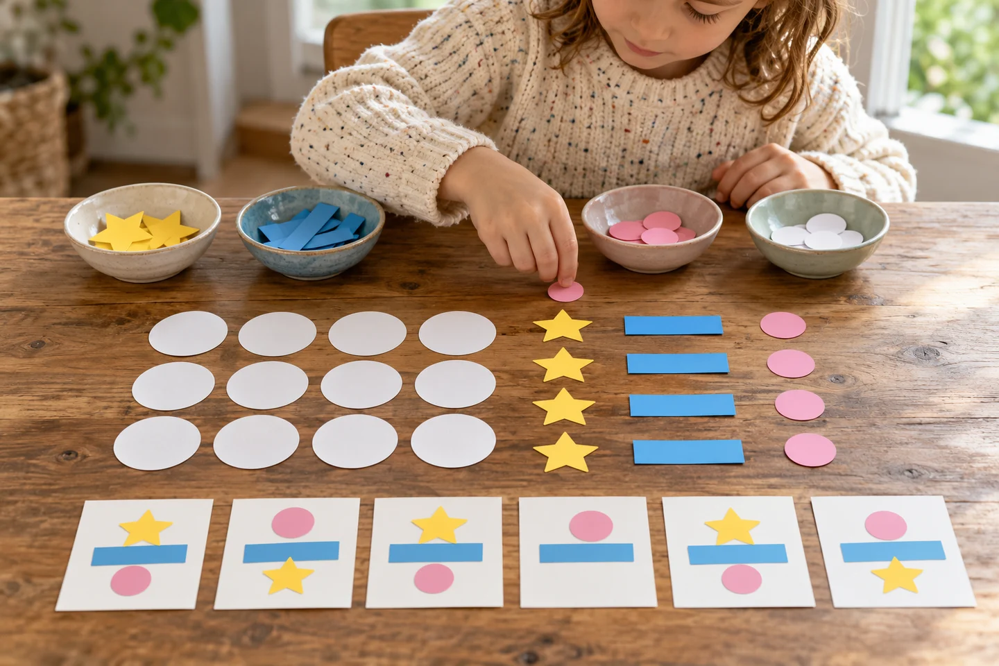 Large paper scoops, cones or bowls, picture orders, crayons and a supply tray.