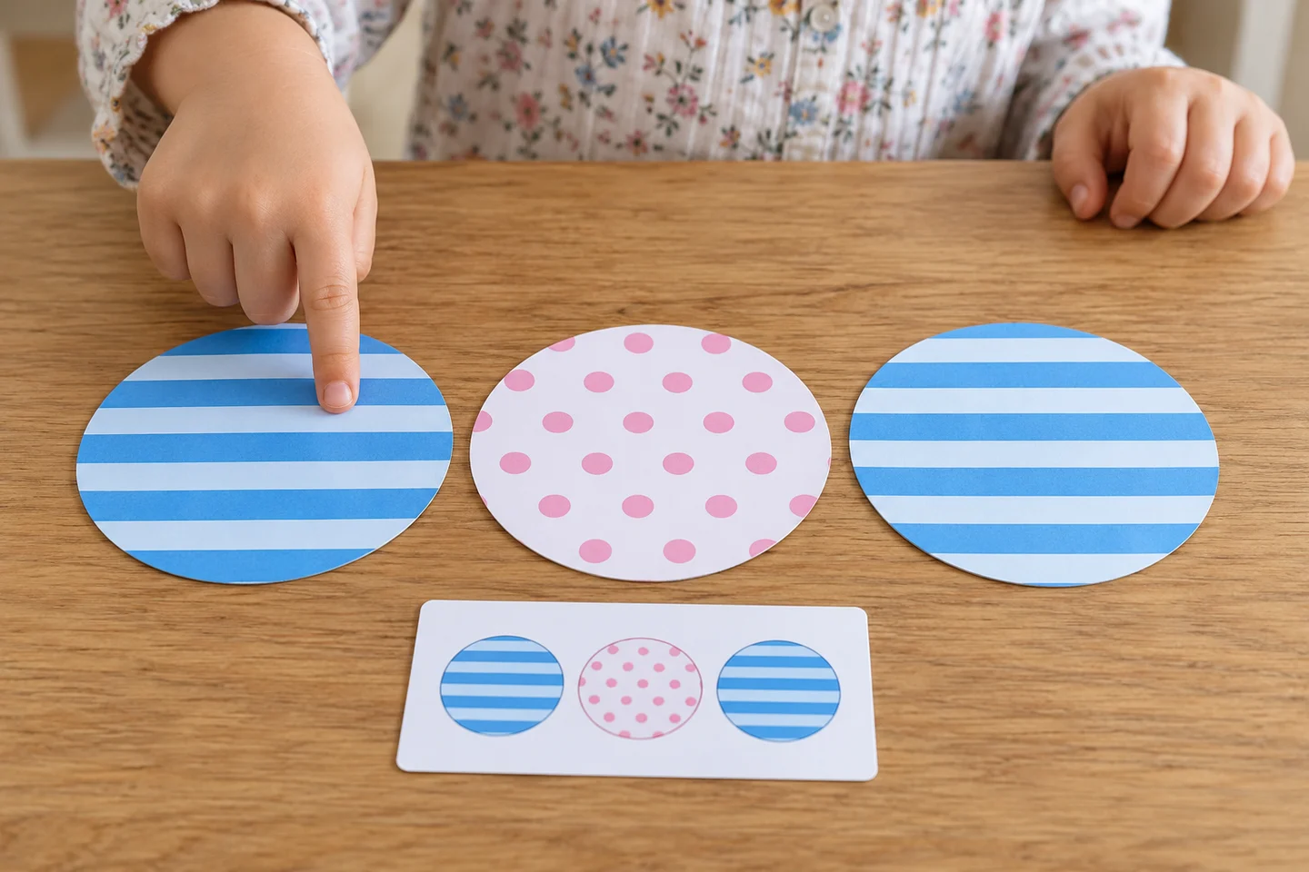 Match the order with two striped pieces and one dotted piece: three in all.