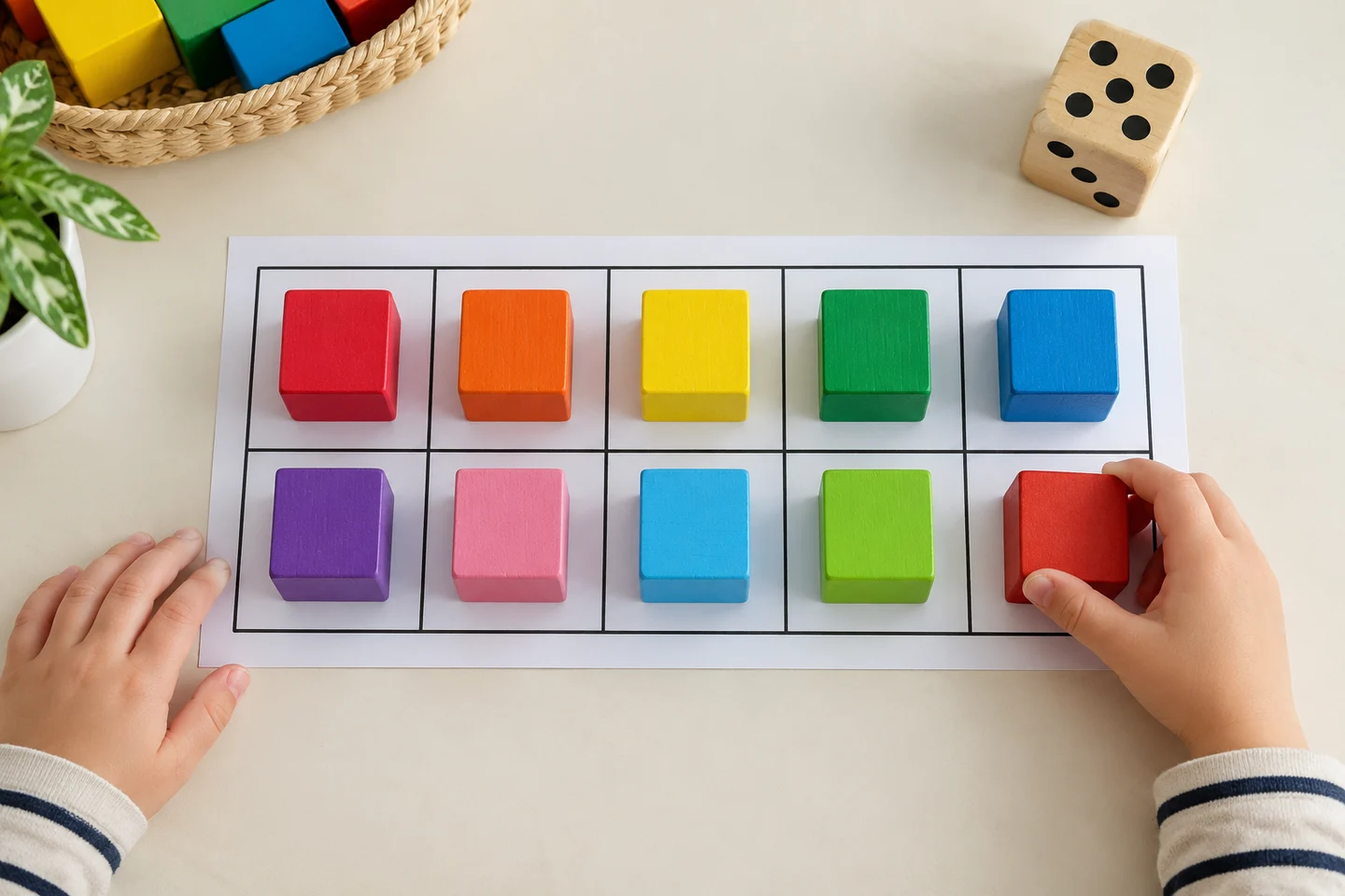 A ten-space counting mat filled with blocks for a cooperative math game.