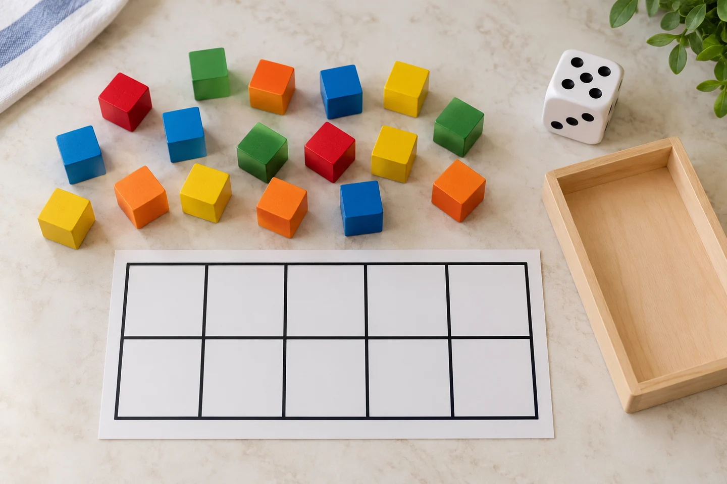 Large blocks, a dot die, an empty counting mat and a supply tray.