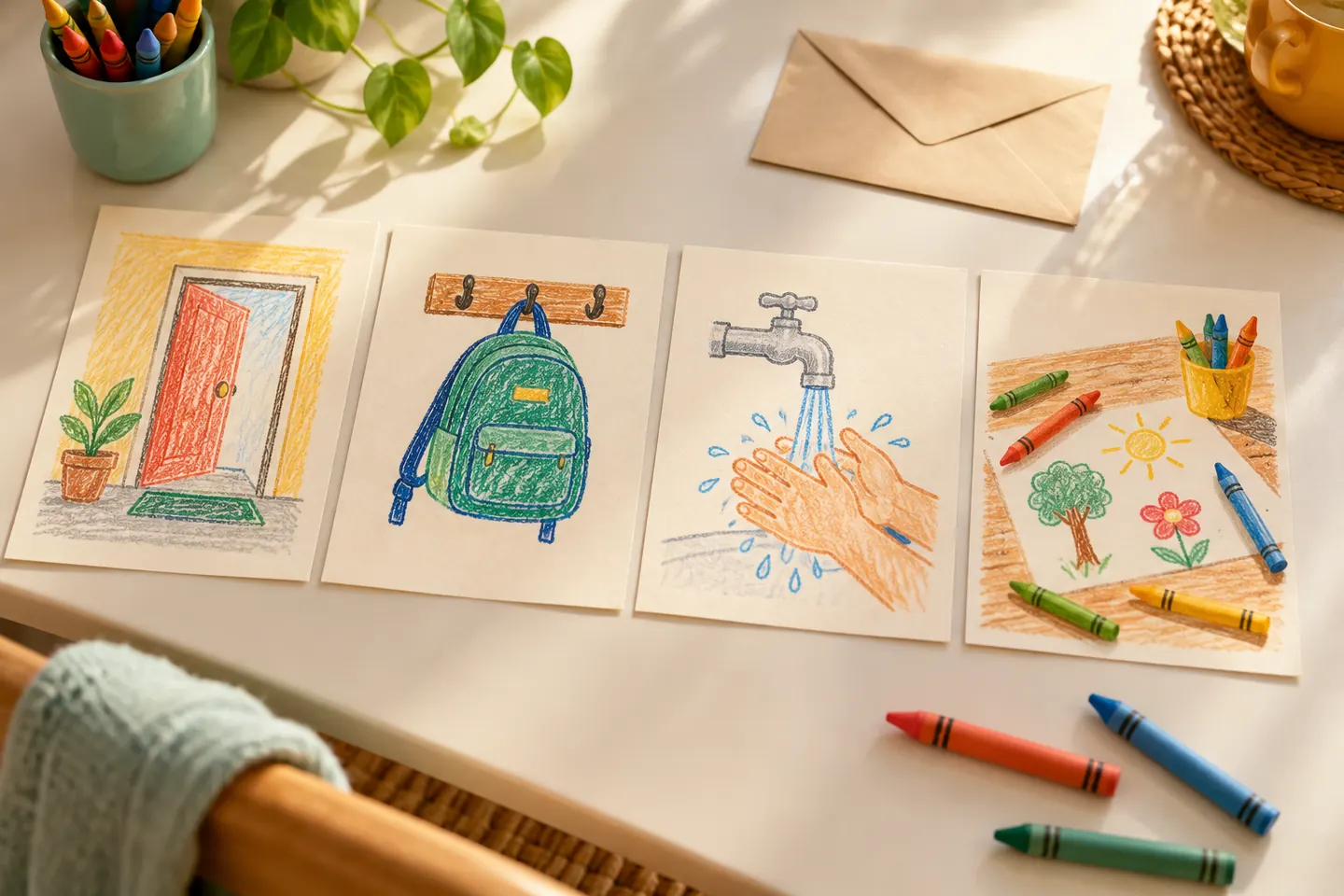 Four picture cards illustrate an example school-day routine.