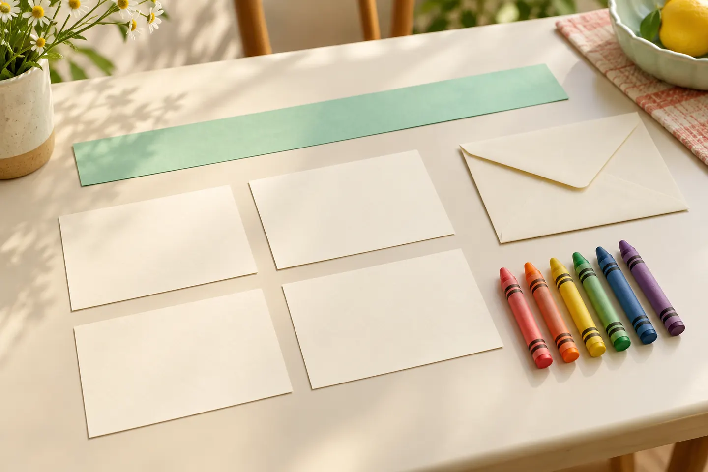Blank cards, crayons, a paper strip, and an envelope for making sequence cards.