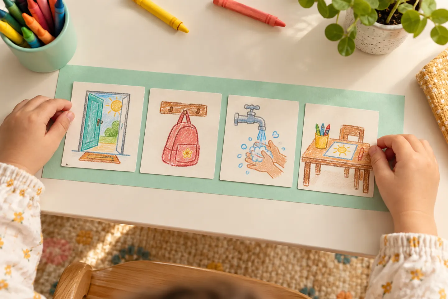 Hands arrange routine cards into a left-to-right sequence.