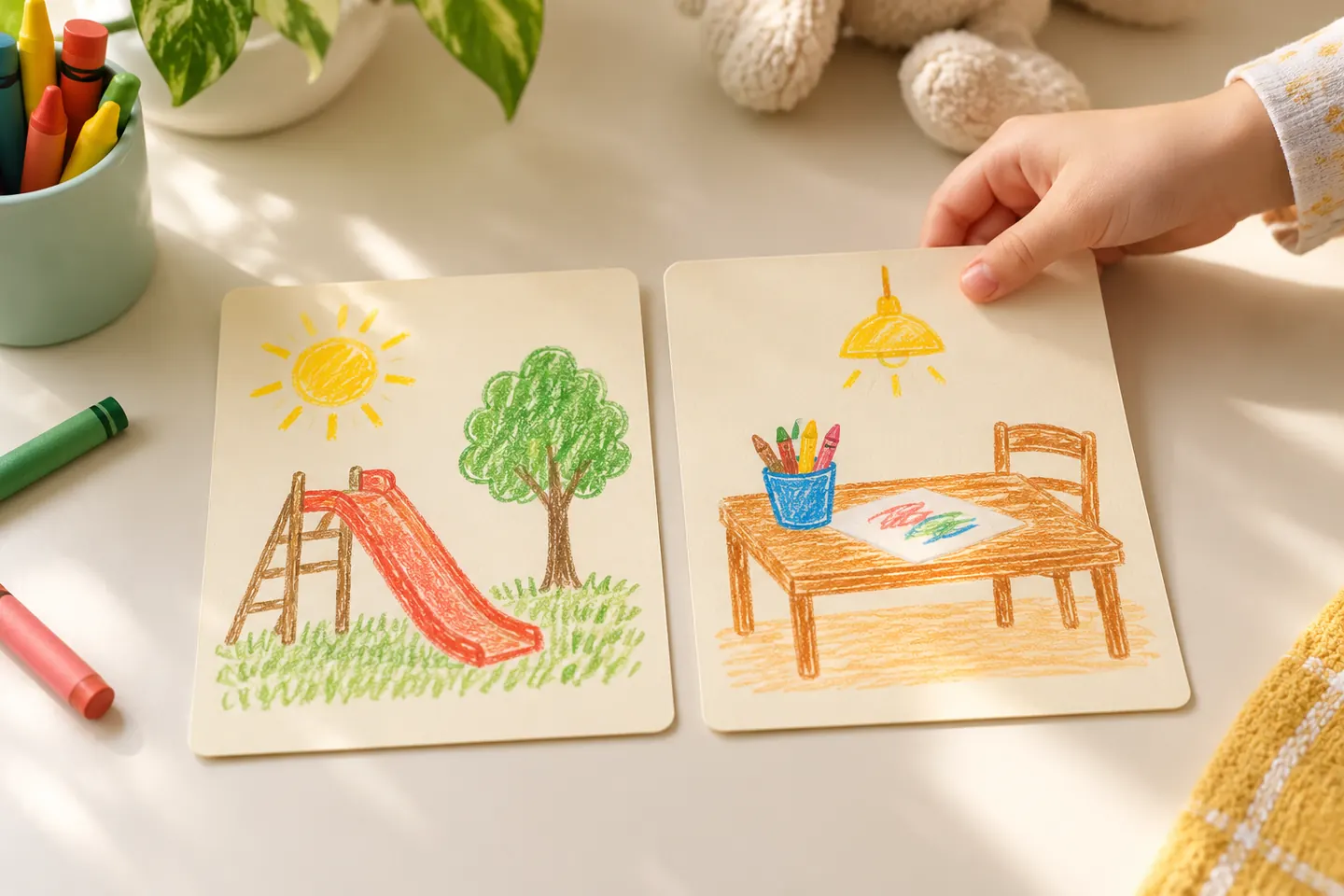 Outdoor-play and indoor-play picture cards show an example routine change.