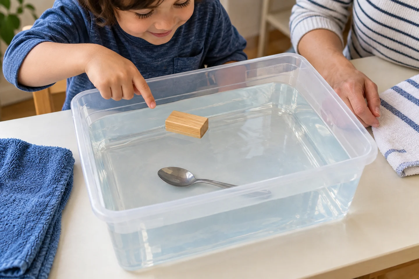 A wooden block floating and a metal spoon submerged in a clear water container.