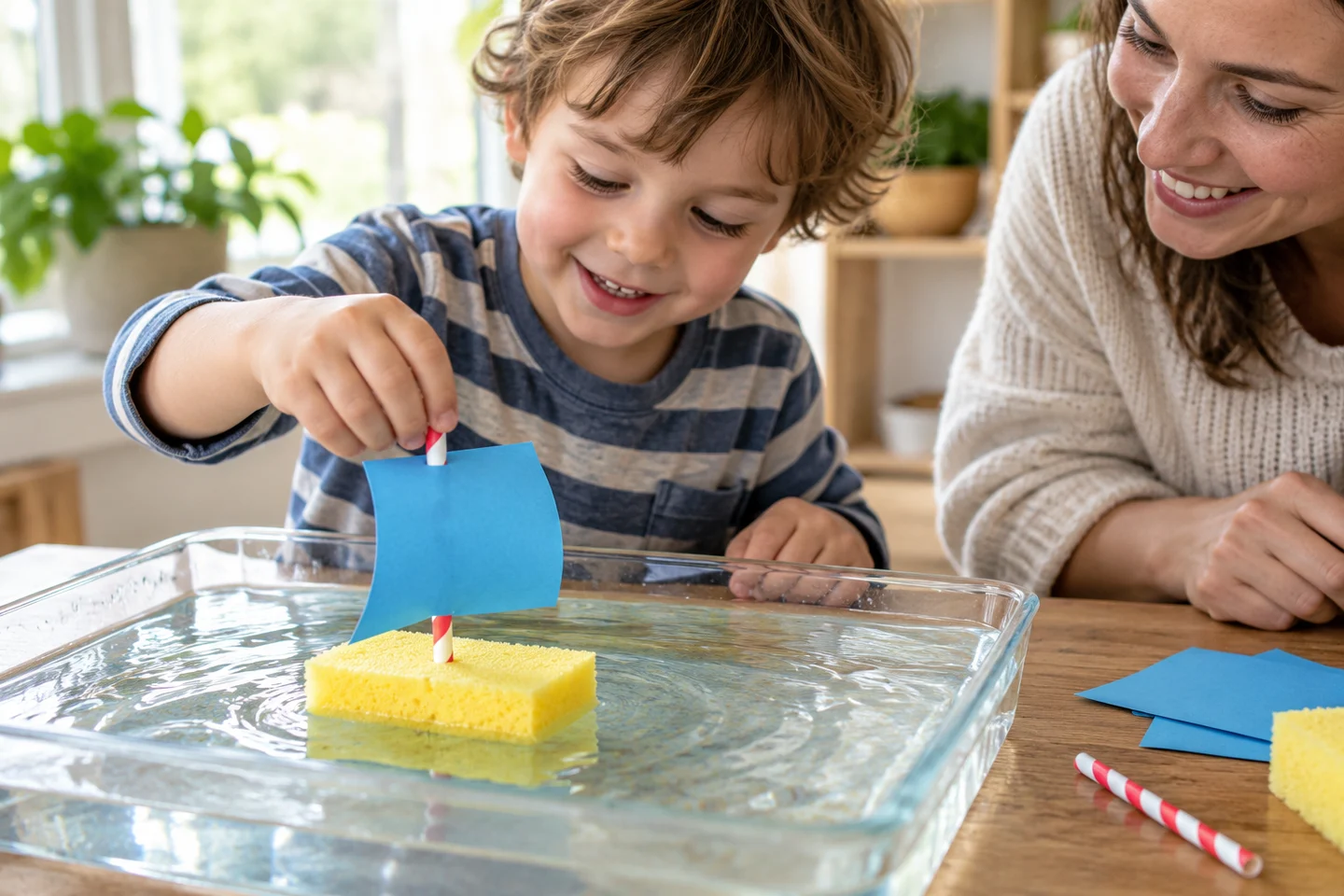 A sponge boat with a short paper mast and lightweight sail in a shallow testing tray.