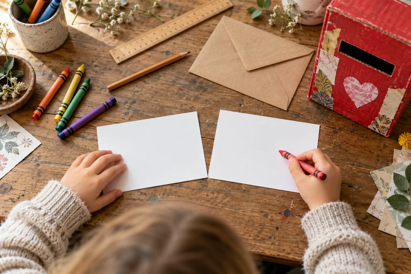 Blank postcards, crayons, pencils, ruler, envelope and classroom delivery box.