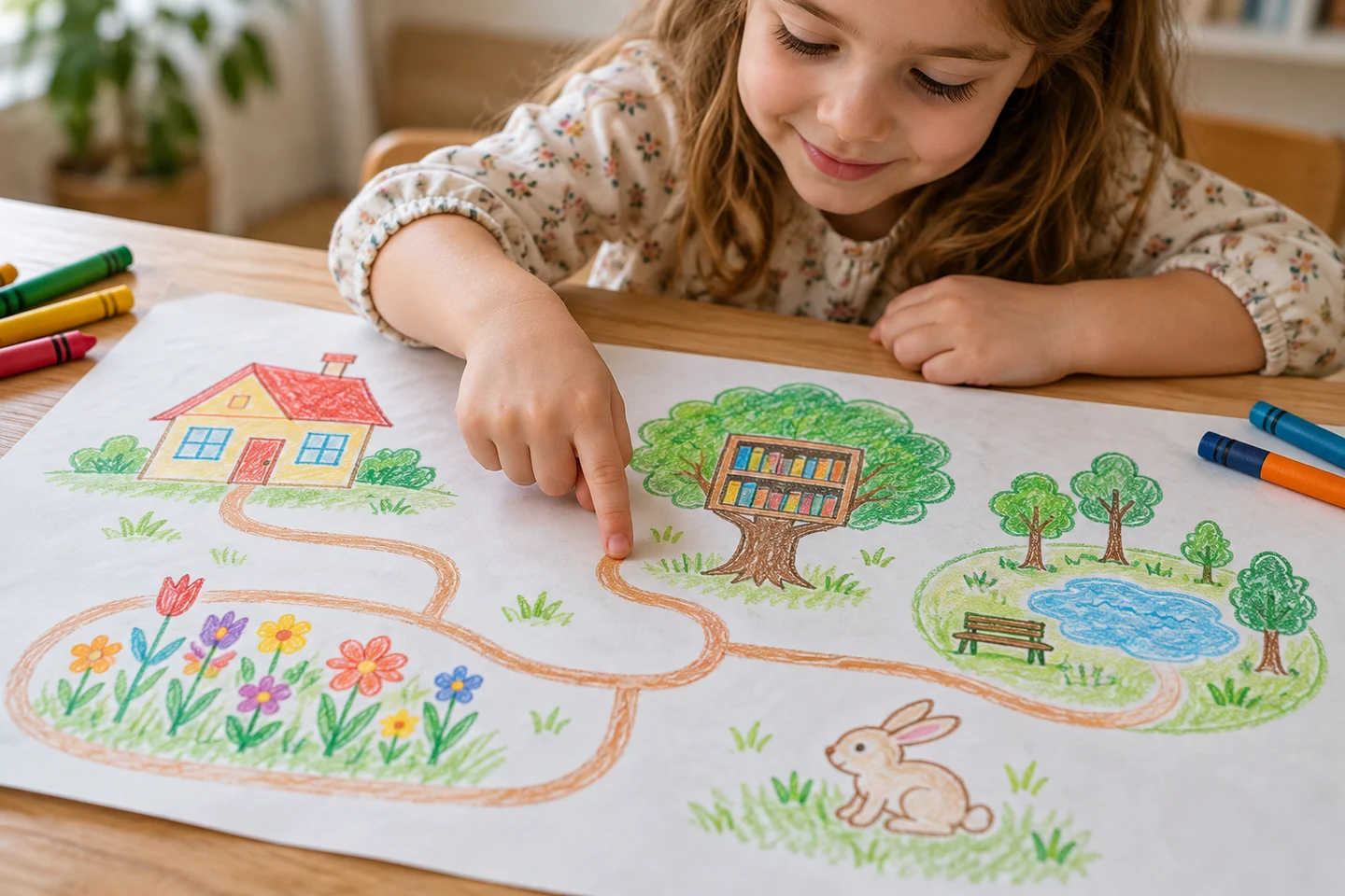A handmade adventure map with home, tree library, garden and park connected by paths.