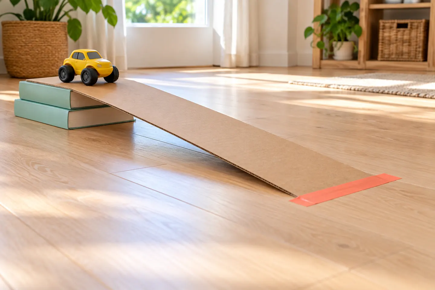 Yellow toy car on a low cardboard ramp supported by broad books.