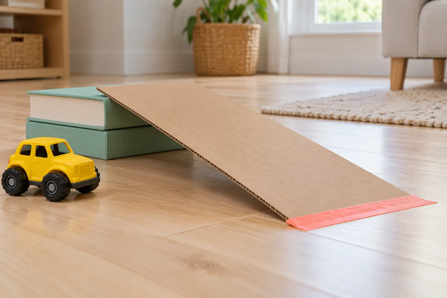 Low cardboard ramp with a taped floor transition and broad book supports.