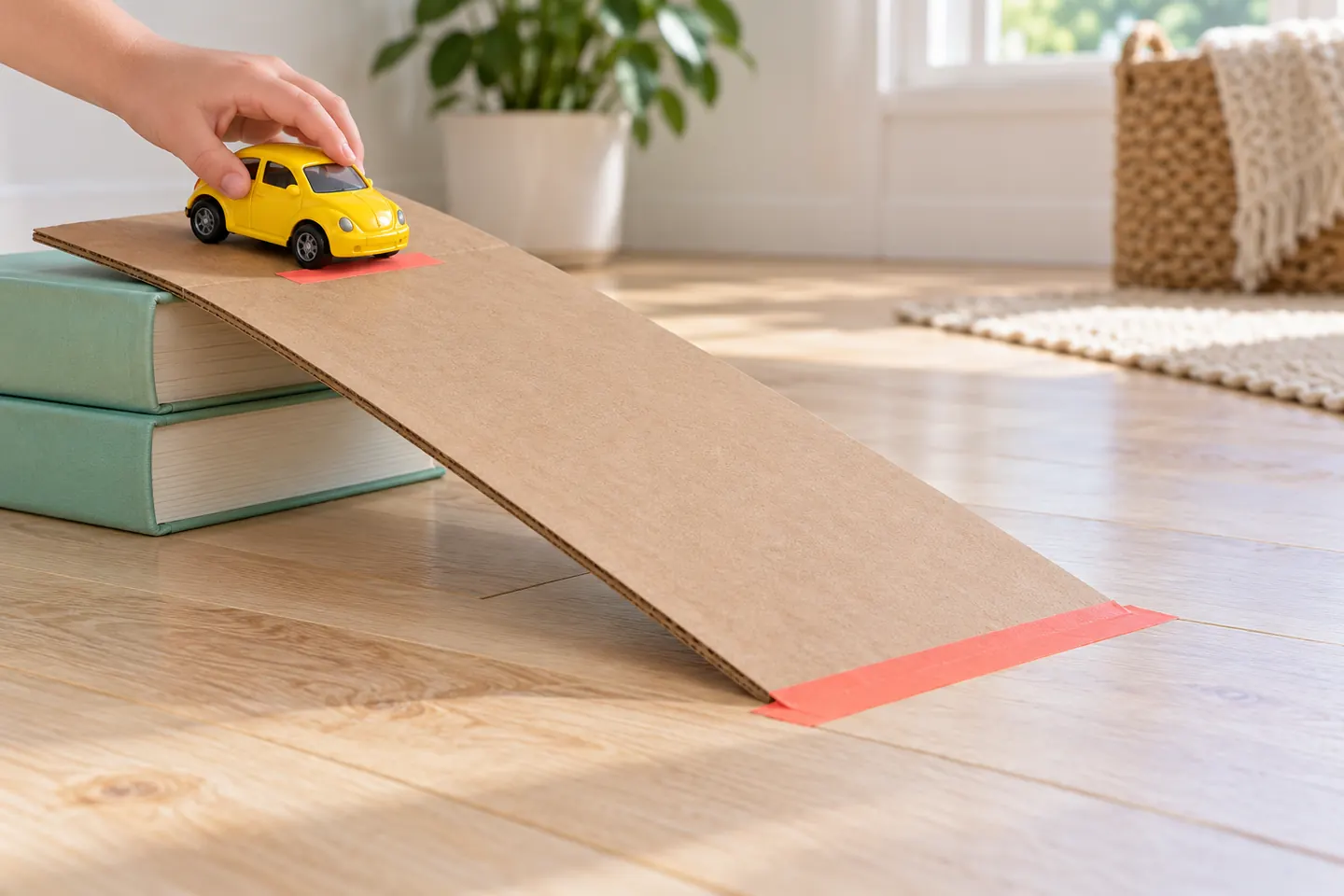A hand holds the car still at a marked release position on the ramp.