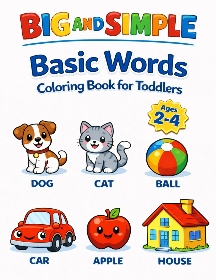Front cover of Big and Simple Basic Words Coloring Book for Toddlers