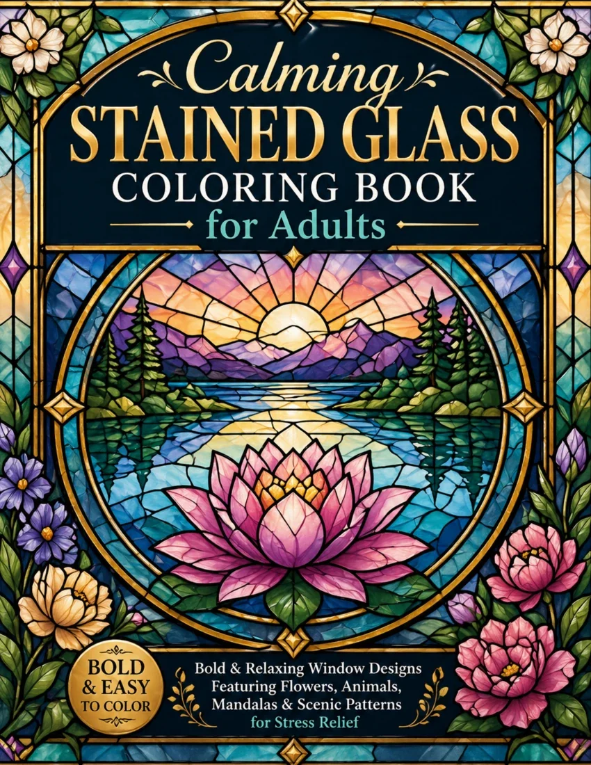 Front cover of Calming Stained Glass Coloring Book for Adults