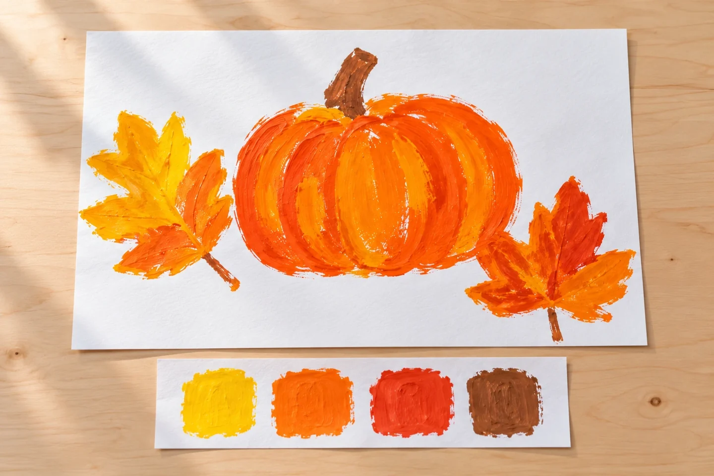 Finished autumn painting beside four color samples