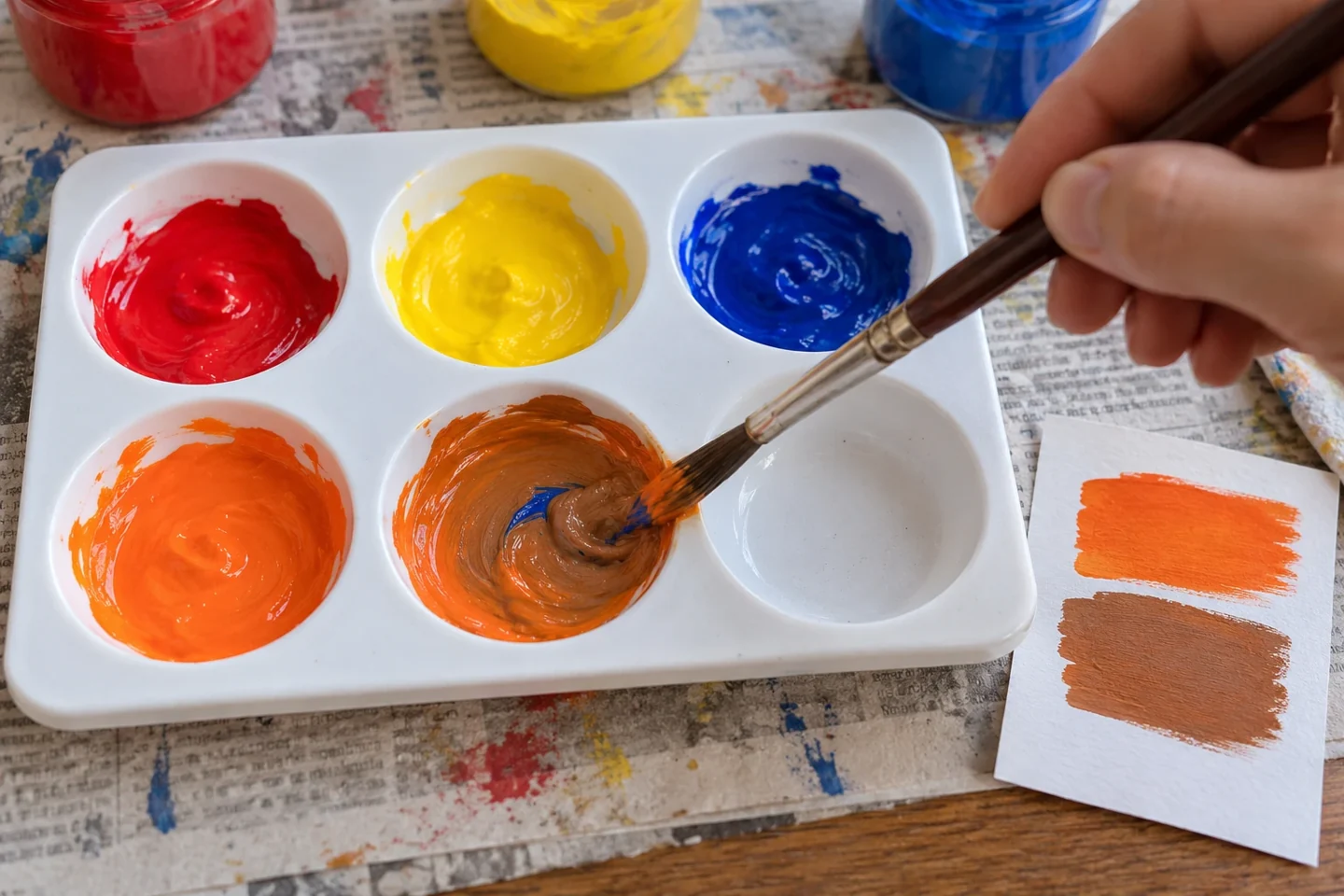 A tiny blue streak stirred into orange paint beside test patches